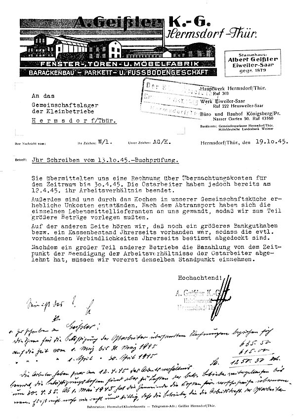 Schreiben vom 19.10.1945 zum Z-Lager